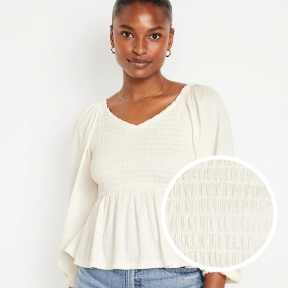 - NWT OLD NAVY Long-Sleeve Smocked Peplum Top COLOR SEA SALT - Picture 2 of 7